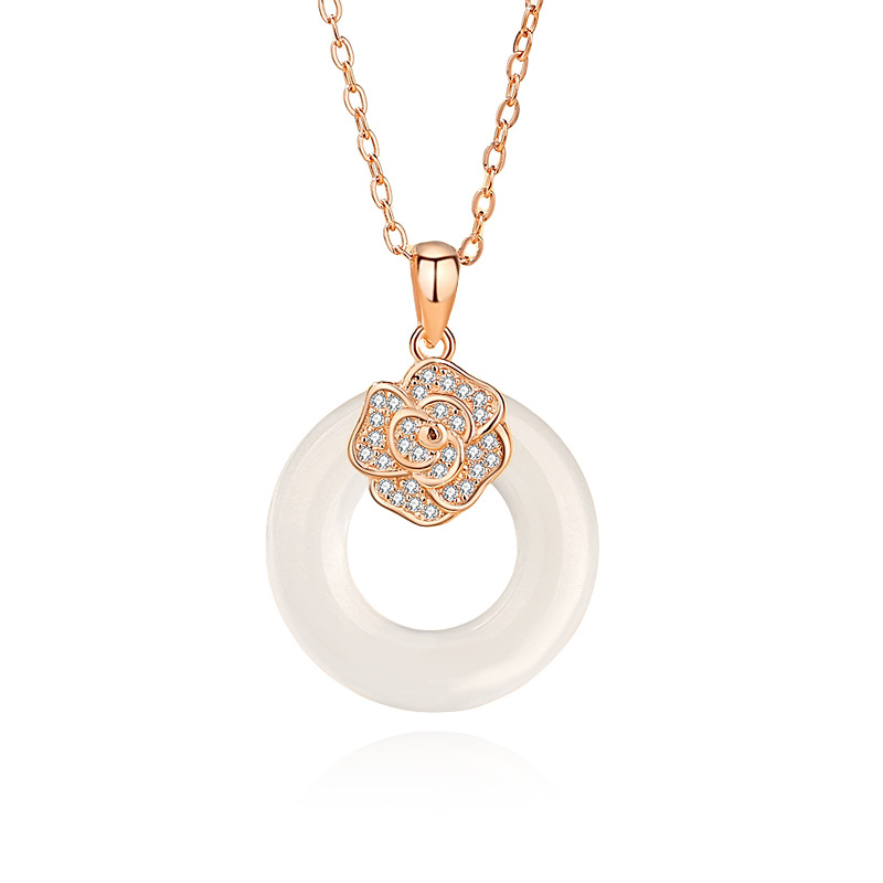 S925 plata blanco Jade hebilla de seguridad collar de las mujeres de moda nacional nuevo chino Rosa collar con diamante flor joyería al por mayor