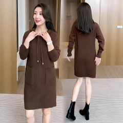 连帽针织连衣裙女秋冬季2025新款洋气质显瘦中长款长袖毛衣打底衫