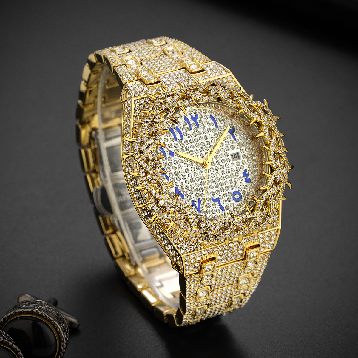 Quartz klocka solros diamant blå arabiska siffror stålband_voghion.com
