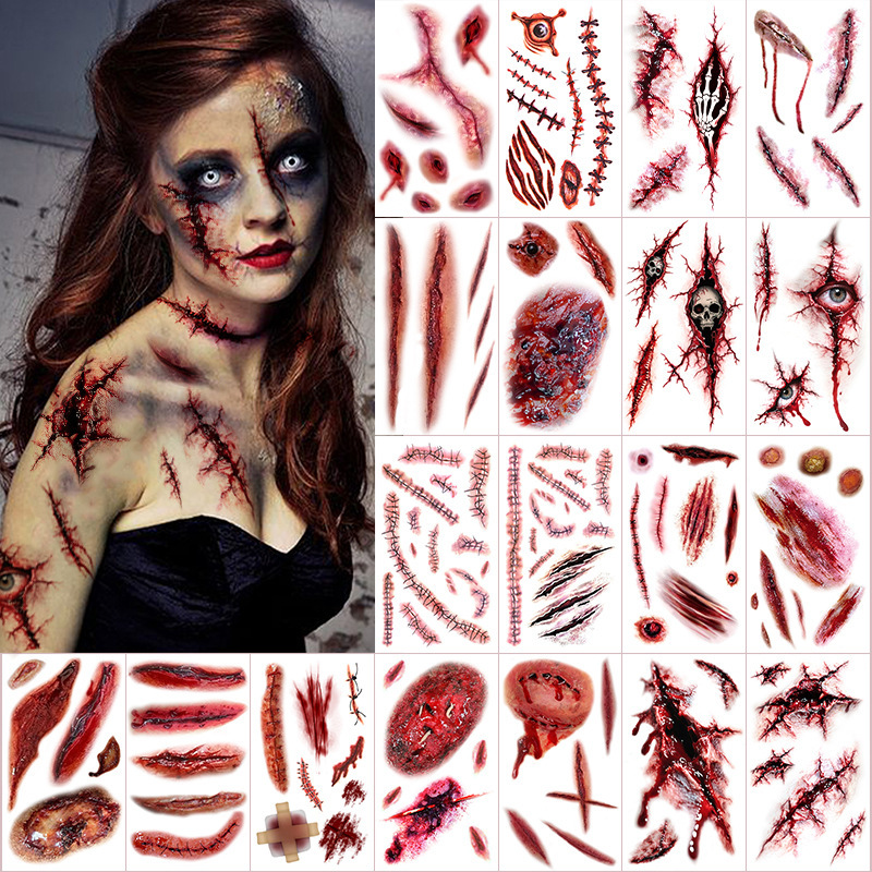 Cross-Border Halloween Tattoo Scars Black Skull Spider Web Bat, Halloween Stickers