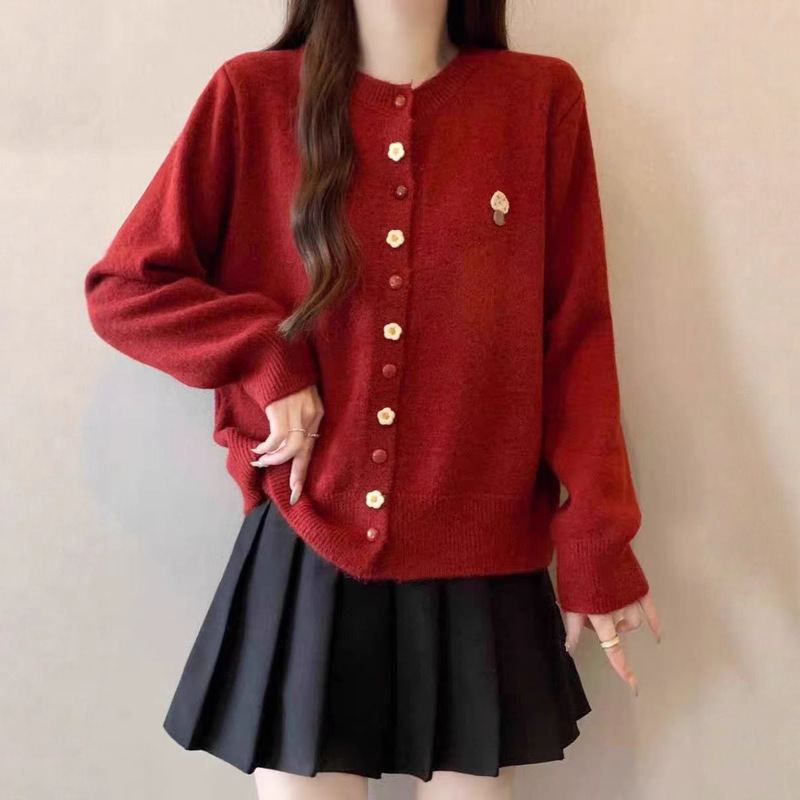 Foreign Trade Mushroom Embroidered Sweater Round Neck Cardigan Women's Autumn and Winter 2025 New Design Niche Knitwear Top