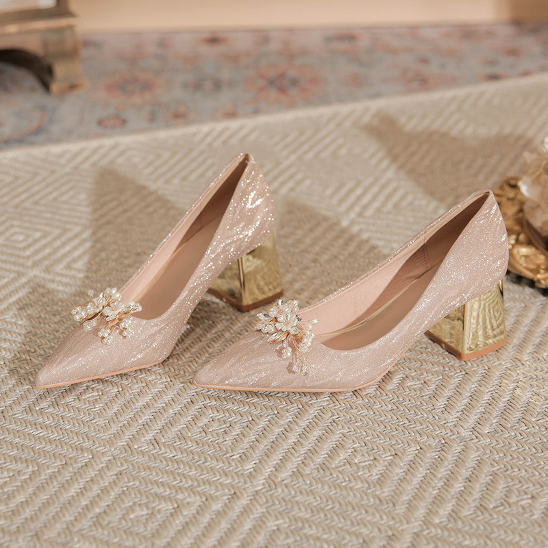 X203-A8 chunky heel pointed tiger leather high heel shoes comfortable elegant women's shoes shiny wedding shoes banquet shoes