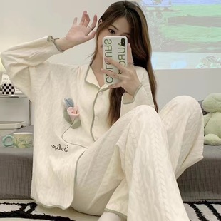 Pajamas Women's Spring and Autumn Cardigan Long-sleeved Trousers Korean-style Cartoon Jacquard Embroidered Sweet Home Clothes suit Outer Wear