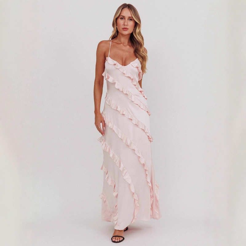 2025 Autumn Amazon Cross-Border Women's Fashion Hot Item Solid Color Sleeveless Halter Neck Tie Multi-Layer Ruffle Dress 2025 Autumn Amazon Cross-Border Women's Fashion Hot Item Solid Color Sleeveless Halter Neck Tie Multi-Layer Ruffle Dress