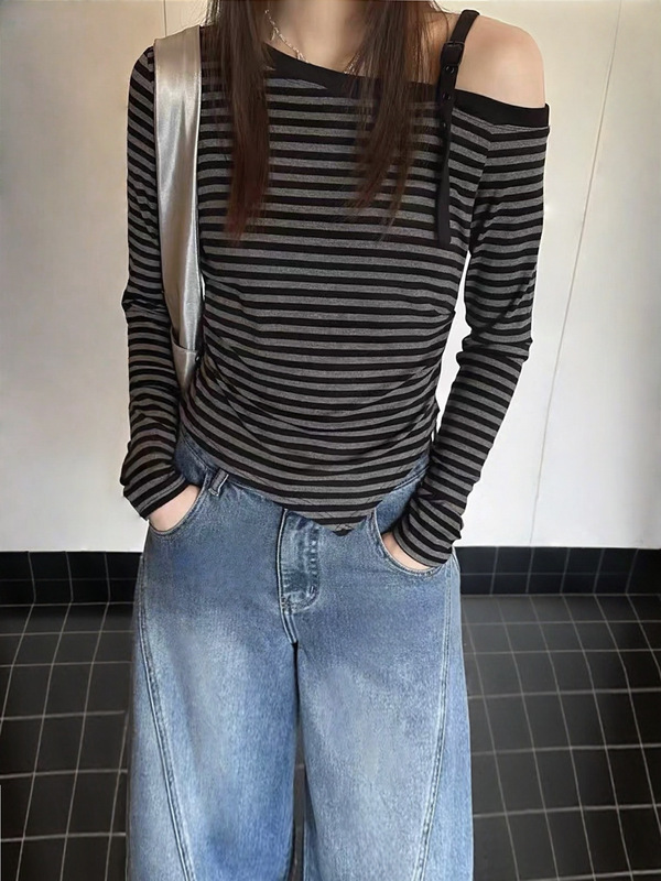 韩系斜肩设计感不规则长袖t恤女2025新款秋季时尚洋气高级感上衣|undefined