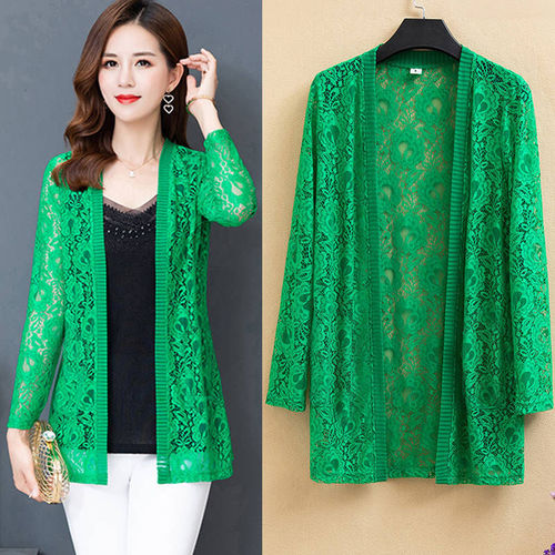 Women's Fashion Spring and Summer Large Size Medium Lace Cardigan Long Sleeve Clothesline Air Conditioning Shirt Thin Top