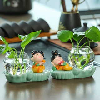 可爱唐仕女玻璃花瓶水培水养器皿插花器办公室桌面摆件装饰品创意