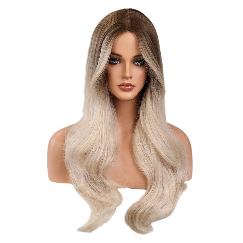 Venta caliente de comercio exterior transfronterizo Amazon, gradiente medio dorado, cabello largo y rizado, gran ola, peluca de estilo europeo y americano, traje completo femenino