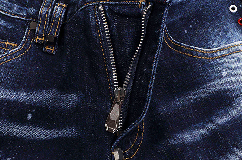 Men's Retro Blue Washed Jeans With Paint Splatter Effect Slim Fit Stretch Skinny Denim Pants Functional Design_viptrois.com