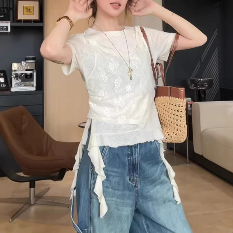 Yangcheng Story Tencel Linen and Mulberry Silk Refreshing and Comfortable Patchwork Faux Two-Piece Short-Sleeve T-Shirt