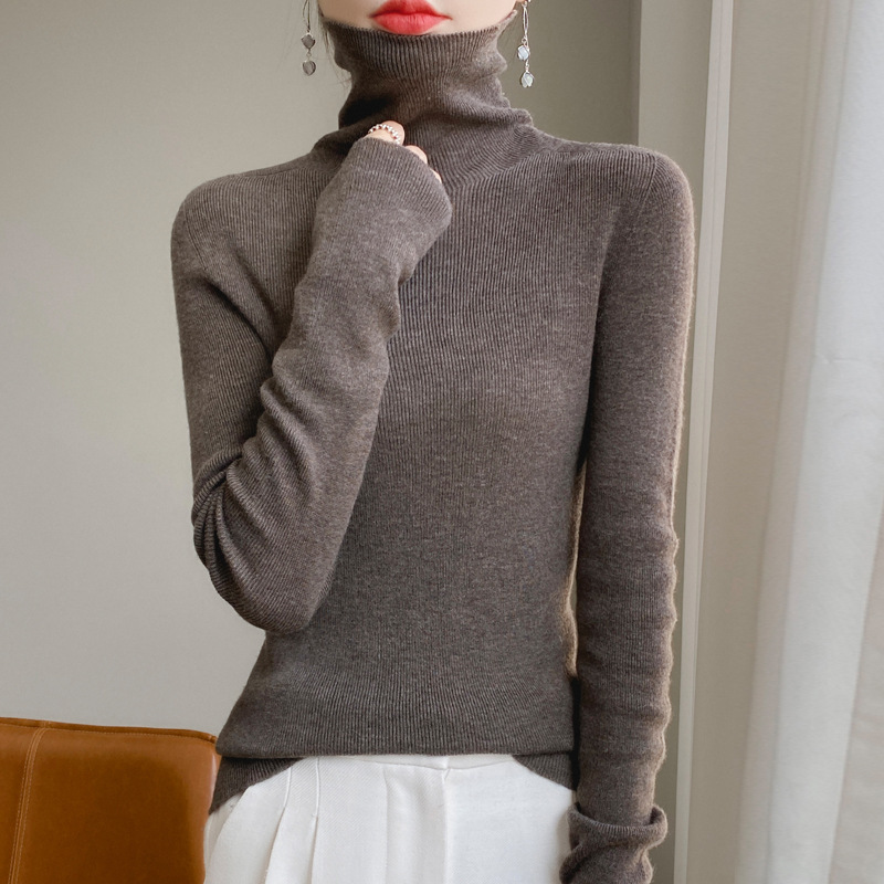 精纺羊毛无缝一体堆堆领内搭毛衣女修身百搭打底衫高领抽条针织衫