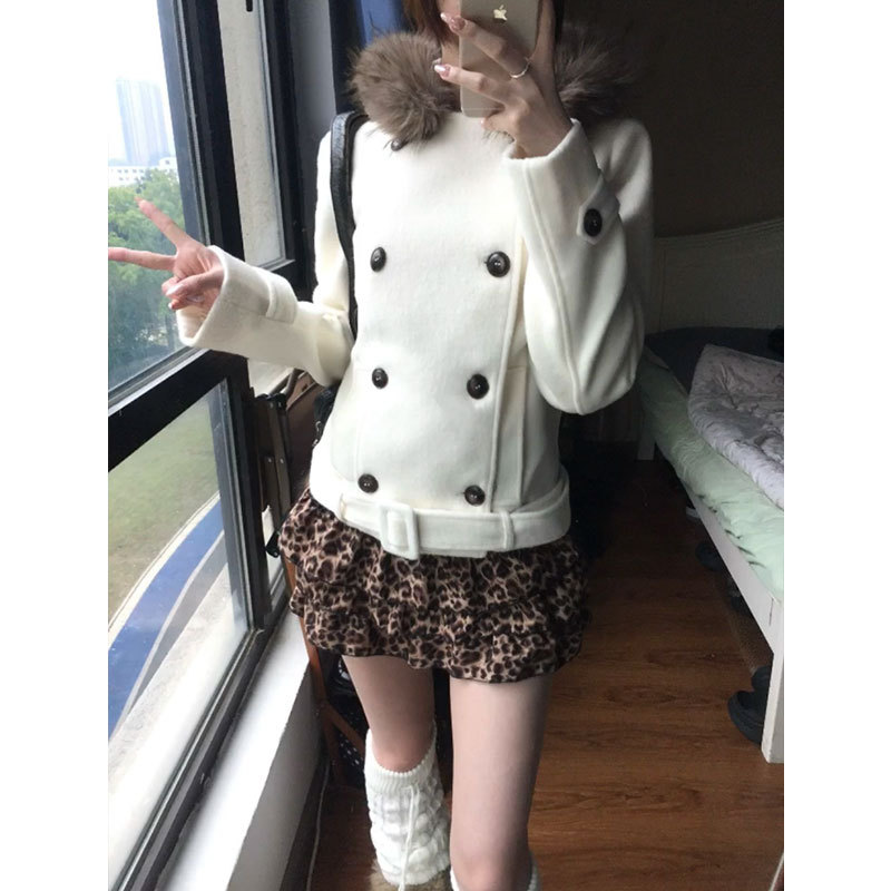 [Thickened and Warm German Velvet 450g] American Double-Breasted Fur Collar Hooded Jacket for Women Autumn and Winter New Tops