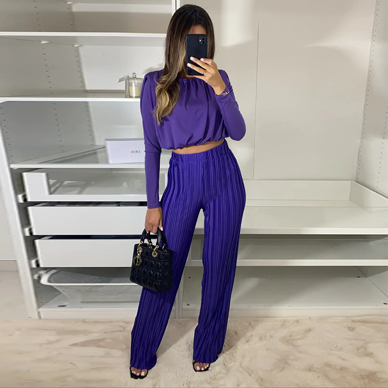 European and American Women\'s 2023 Spring Round Neck Short Long-sleeved Base Shirt Pleated High Waist Casual Trousers Two-piece Set