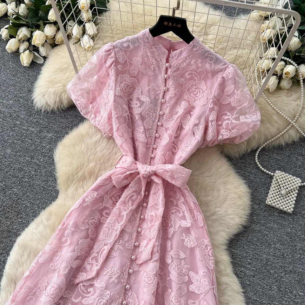 Elegant Lace Embroidered Dress for Women High-Waisted A-Line Skirt Summer Suitable for Commuting And Banquets_ecoleips.com