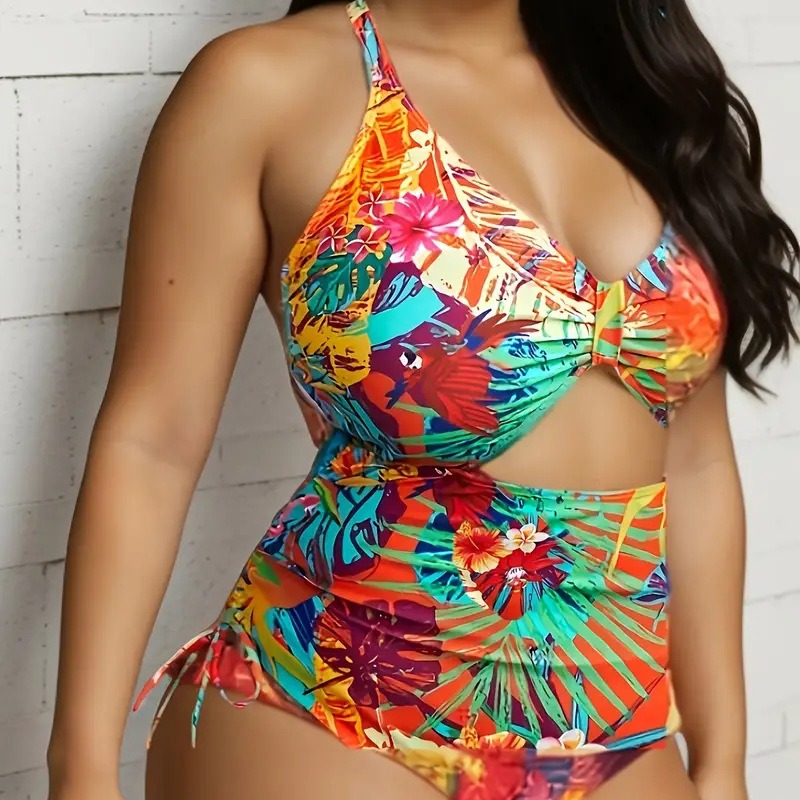 Tropical Pattern Hollowed-out Cross-back Strap Multi-color Printed Sexy Plus-size Swimsuit TK014_voghion.com
