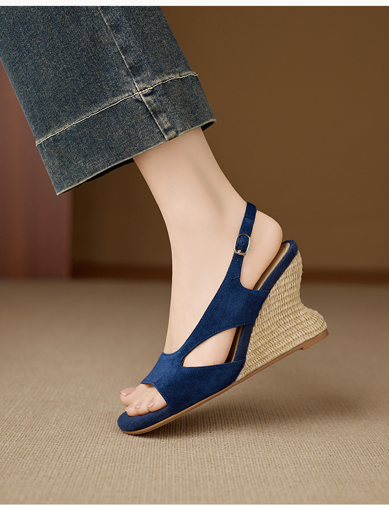 Sandal cao gót nữ mũi nhọn hở ngón, gót nêm đan rơm 8 cm, quai hậu buộc dây — xanh lam, màu mơ chi tiết 10