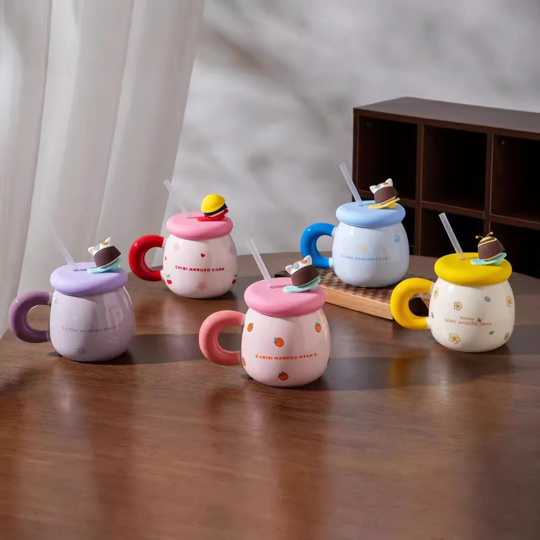 Taza de pajita de bolas de cereza Taza de cerámica para el hogar Memoria de la infancia Taza de agua para niños Taza de bebé familiar