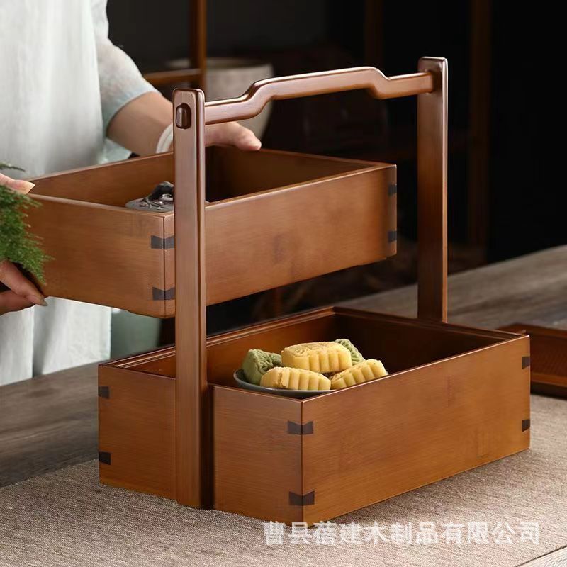 中秋月餅箱木製二層ペストリースナックギフト包装箱レトロハイエンドポータブルドライフルーツバスケット|undefined