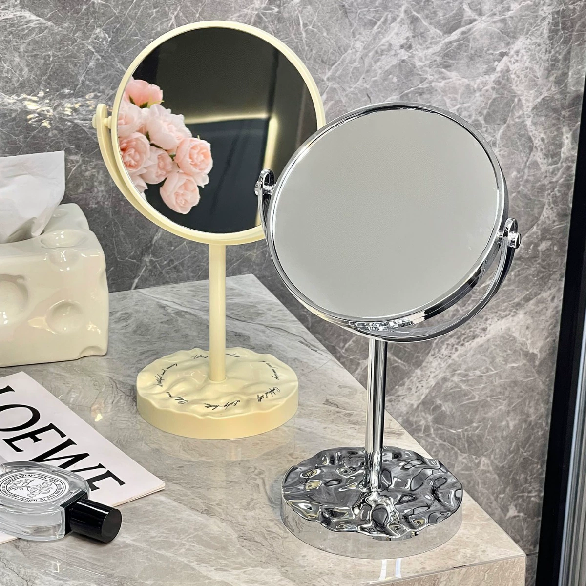 Desktop rotating vanity mirror, double-sided portable makeup mirror, cream or silver