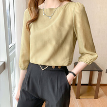 2025新款衬衣女夏小衫女洋气七分袖上衣一字领宽松灯笼袖雪纺衫女