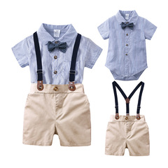 Kids' Outfit—European & American Wholesale—Boys' Striped Romper, Bib Pants, and Bow Tie—Gentlemanly 3-Piece Set—Drop Shipping Available