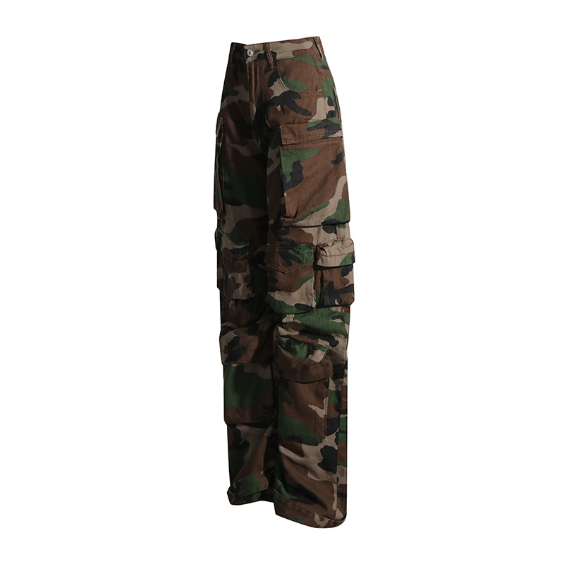 Pantalones cargo de camuflaje estilo 2025 con múltiples bolsillos, estilo urbano moderno, jeans largos de cintura alta y efecto adelgazante para mujer, otoño.
