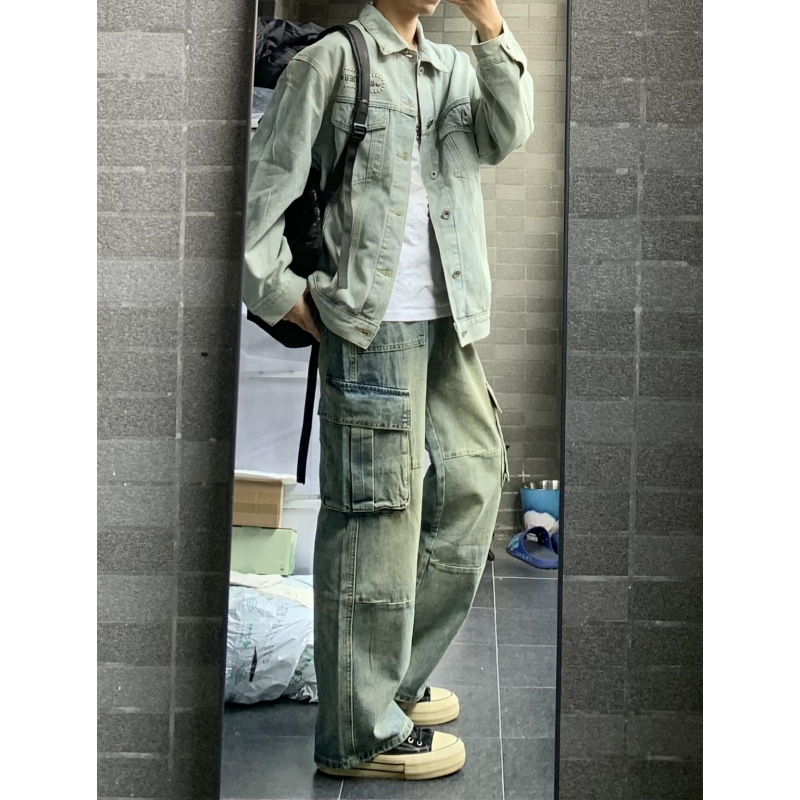 春季街头工装牛仔裤男生宽松多口袋水洗做旧阔腿裤直筒学院风长裤|undefined