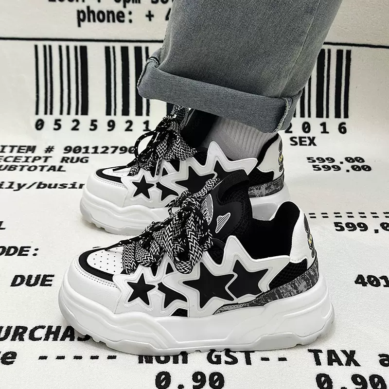许玲现货国潮黑白色星星面包鞋2025新款秋冬情侣板鞋增高厚底鞋潮