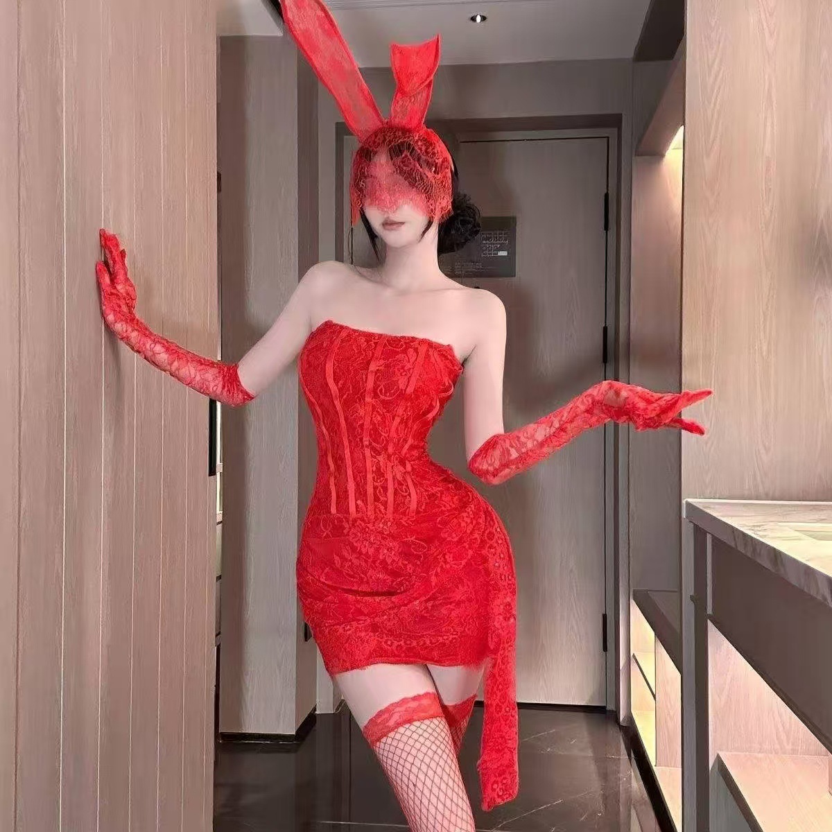 Pure Lust See-Through Mesh Cosplay Pajama Set with Top, Skirt and Arm Sleeves — detail image 8