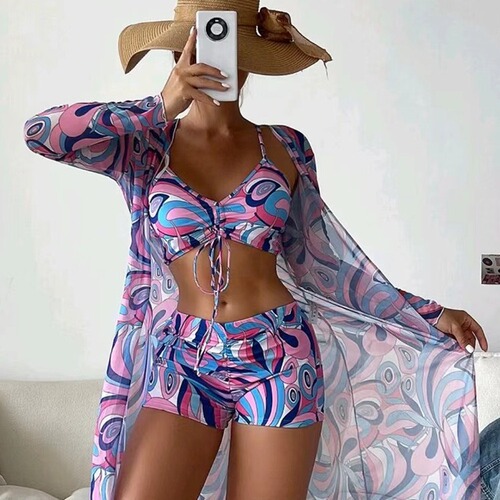European and American foreign trade bikini swimsuit split three-piece set high-waisted long-sleeved ins blouse sunscreen internet celebrity cross-border drawstring