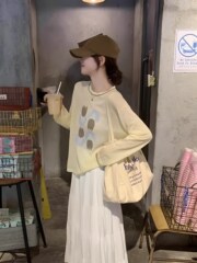 韩系黄色冰丝针织防晒空调衫长袖t恤女夏季吊带外搭薄纱上衣罩衫