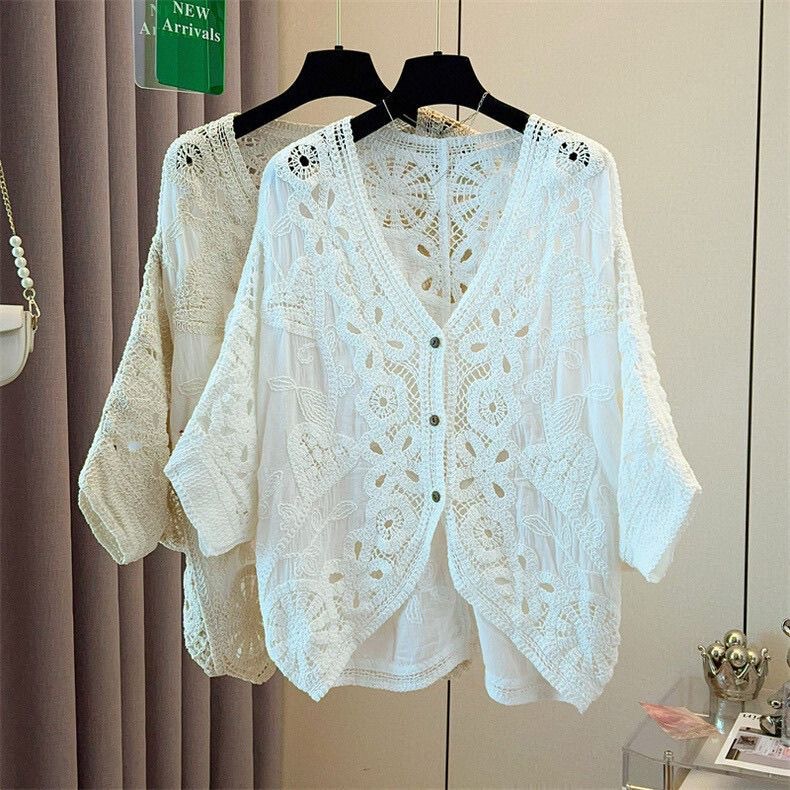 Bohemian Style Crochet Hollow-Out V-Neck Knitted Cardigan for Women, Summer Loose Batwing Sleeve Outerwear with Three-Quarter Sleeves Bohemian Style Crochet Hollow-Out V-Neck Knitted Cardigan for Women, Summer Loose Batwing Sleeve Outerwear with Three-Quarter Sleeves