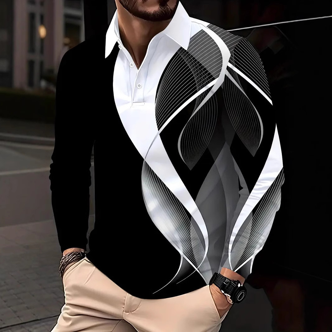 Primavera y verano estilo delgado diseño de alta calidad Volkswagen geométrico colorido manga larga solapa botón POLO camisa MB14