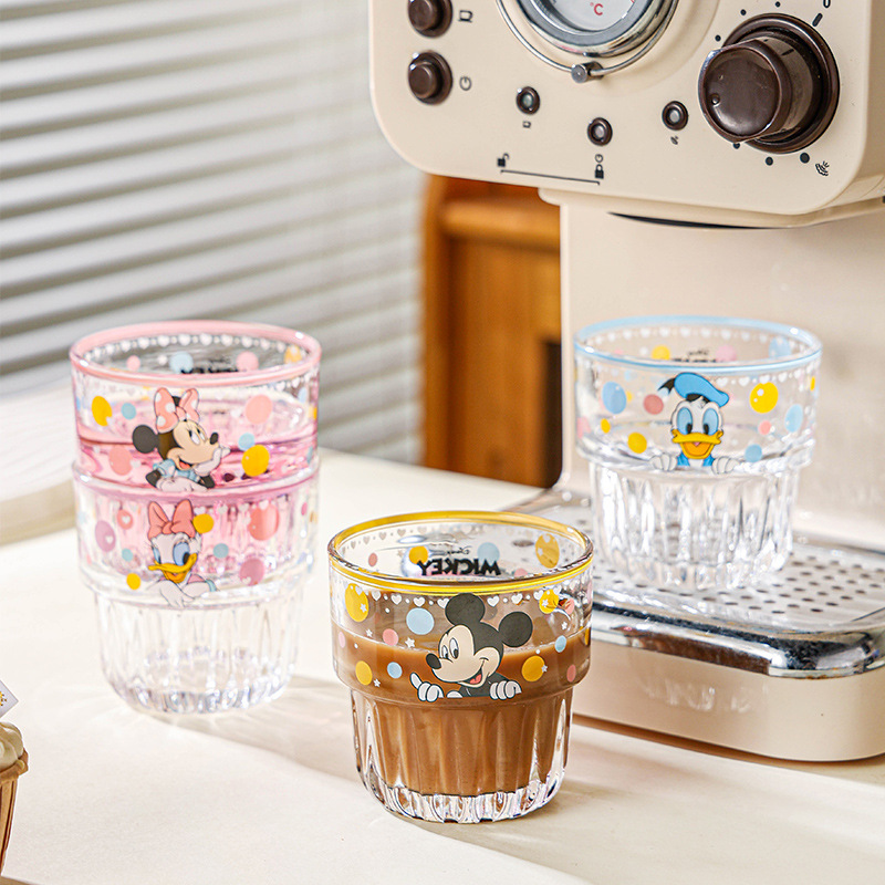 Nueva taza de vidrio de Disney, taza de agua de dibujos animados de lunares, taza de agua para el hogar femenina de alto valor, taza de agua para la oficina, pareja