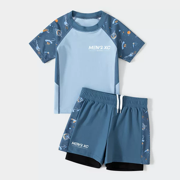 Men's Swimwear Set for Teenagers, New Fashion Large Size Boxer Style Two-Piece Anti-Embarrassment Printed Sports Wear