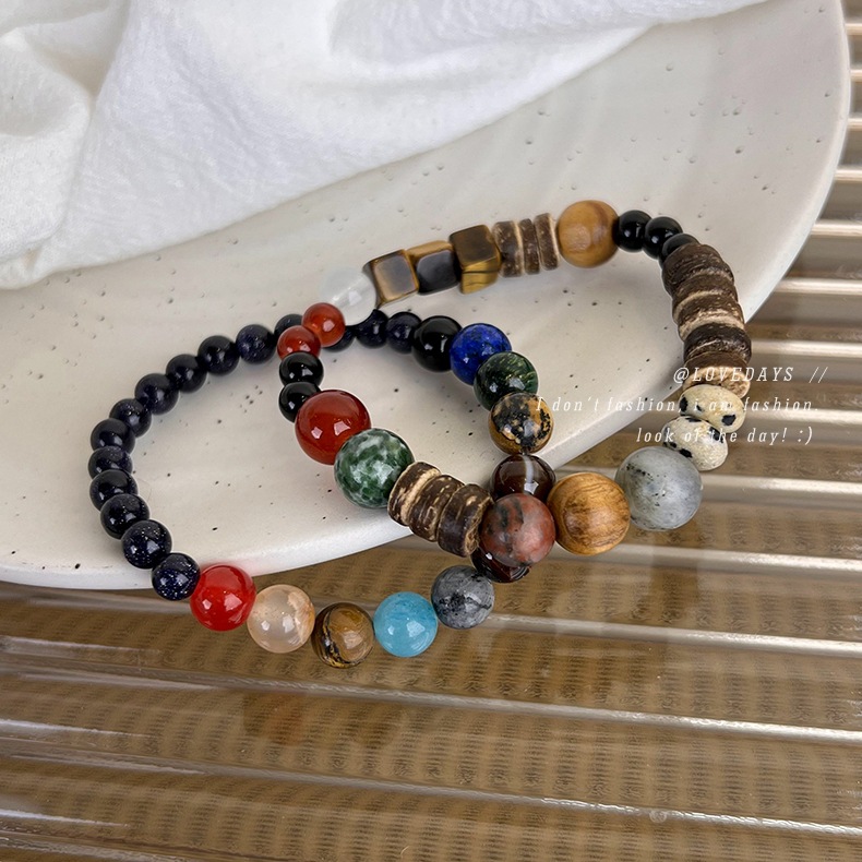 1 Piece Retro Round Multicolor Wooden Beads Agate Beaded Polishing Unisex Bracelets display picture 1