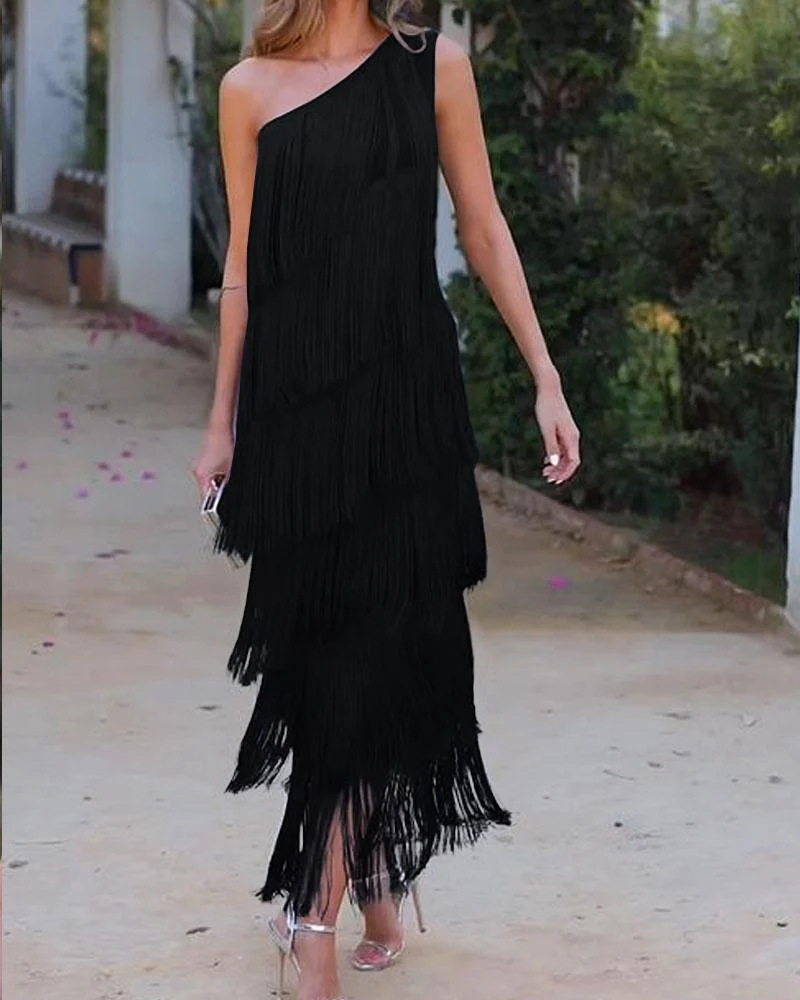 2024 Spring Summer New European And American Foreign Trade Fashion Tassel Asymmetric Off-Shoulder Dress Evening Gown_ecoleips.com