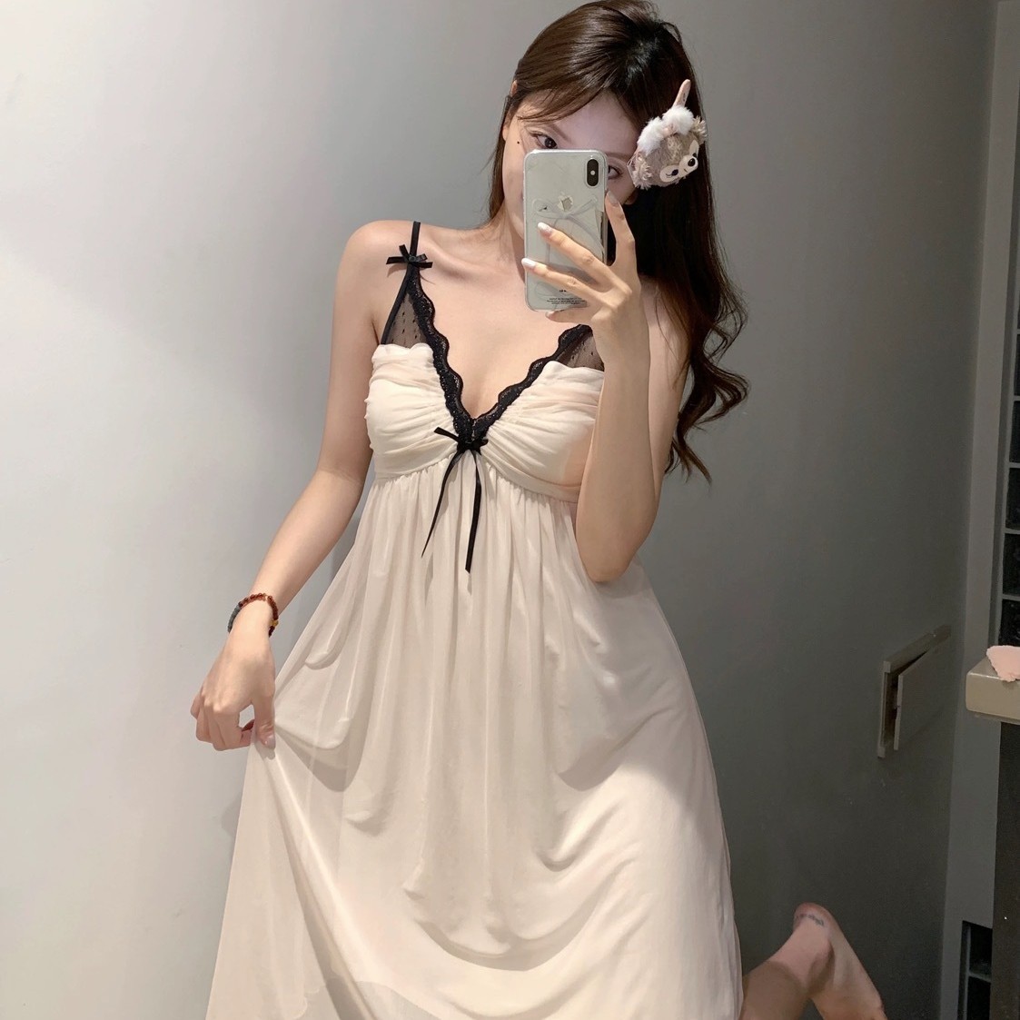 Summer New Sexy French V Neck Suspender Mesh Nightgown for Women Sweet Pure Lust Style Pajamas with Breast Pads Home Clothes