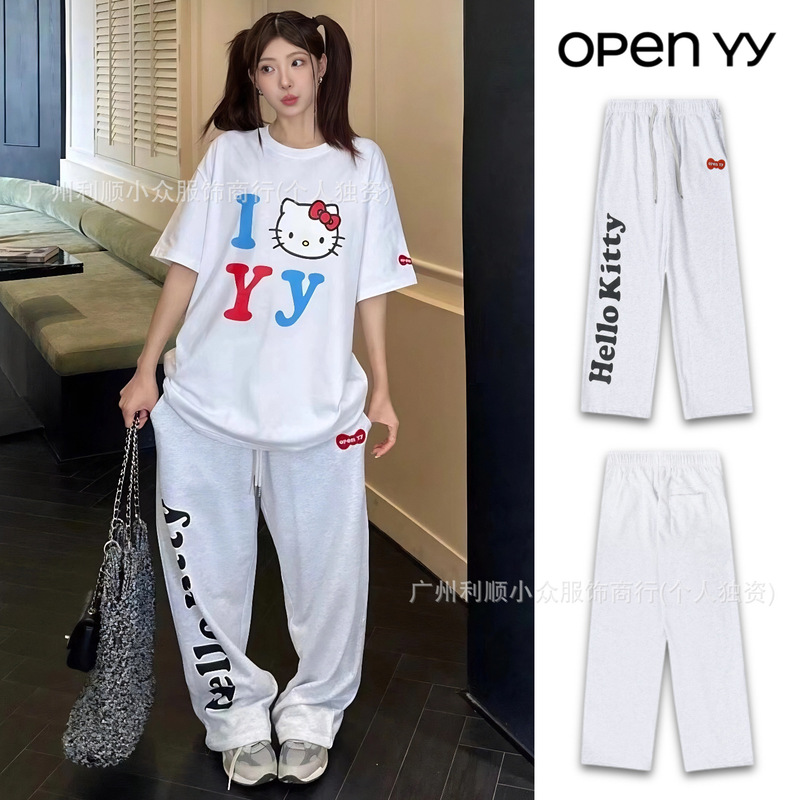 In-Stock Korean Open Yy Collaboration Hello Kitty Sweatpants Women's Loose Letter Print Casual Pants Autumn Winter Style
