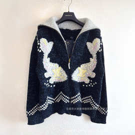 高品质现货25秋冬字母双鱼拼色羊毛毛衣针织束腰男女翻领拉链外套