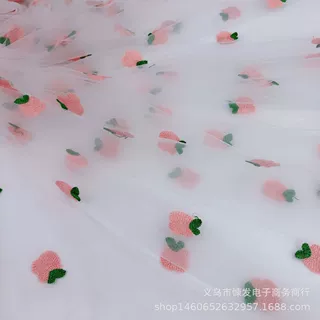定制优惠3D立体苹果绣花网纱樱桃草莓布料DIY童装女装连衣裙刺绣