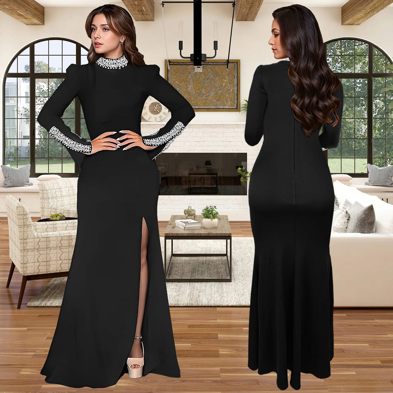 C7271 Cross-border AliExpress Amazon Moda europea y americana Vestido de manga larga de diamantes calientes de color sólido para mujer Nuevo image 4