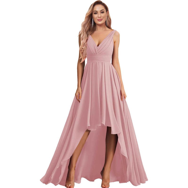 Cross-Border Evening Dress for Women, Short Front and Long Back, V-Neck Chiffon Pleated Long Formal Ball Gown Dress, Sleeveless