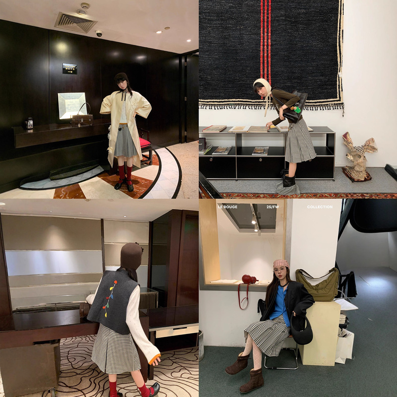 le rouge周美美 私服收藏经典简约深灰黑白格百褶中长半身裙腰链|undefined