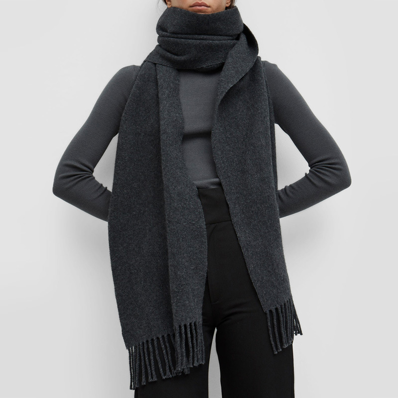 Moda retrô cachecol longo de lã feminino multifuncional quente franja dupla versão grossa estreita xale extra longo_voghion.com