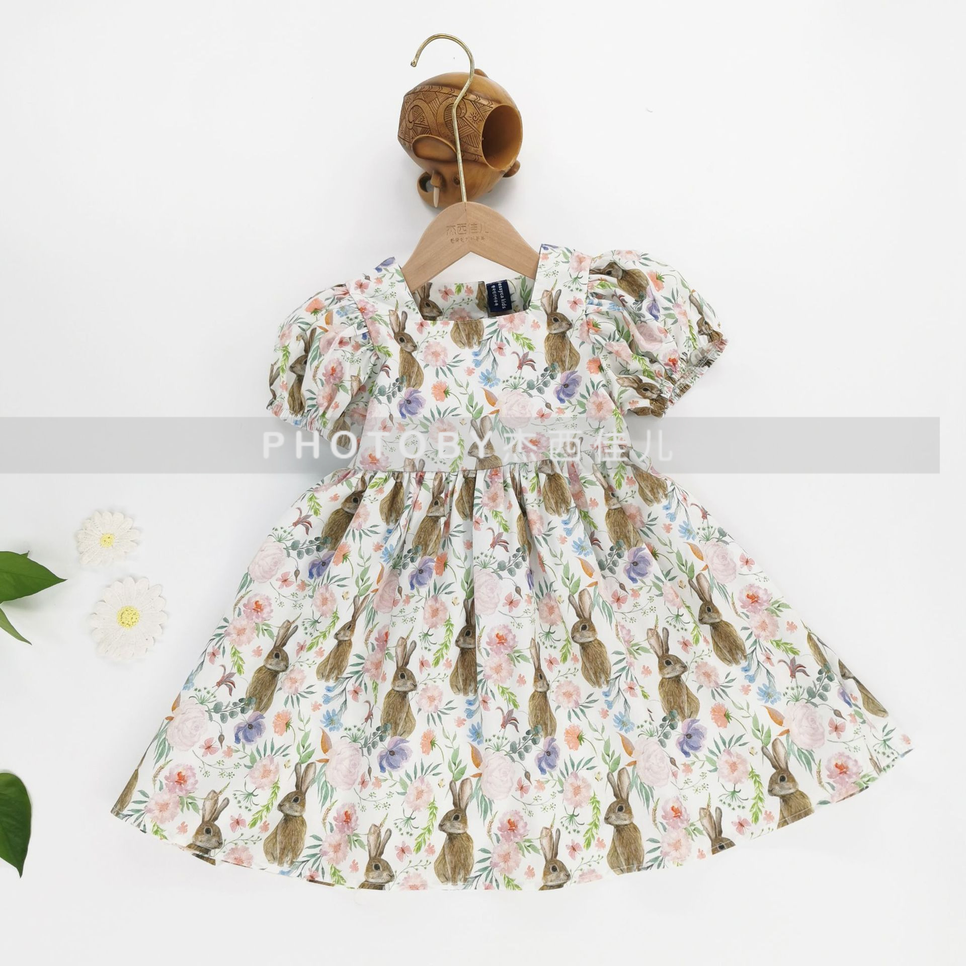 Ins falda de muñeca de verano coreana niña bebé lazo manga abullonada vestido de princesa vestido de cuello cuadrado floral
