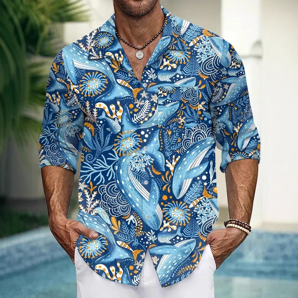 Cross-Border New Men's Shirt with Abstract 3D Digital Print, Turn-Down Collar, Long-Sleeve Shirt, Spring and Summer Plus-Size Casual Top