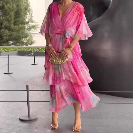 2025 Cross-Border European and American Amazon Independent Station New Gradient Printed Layered Dress