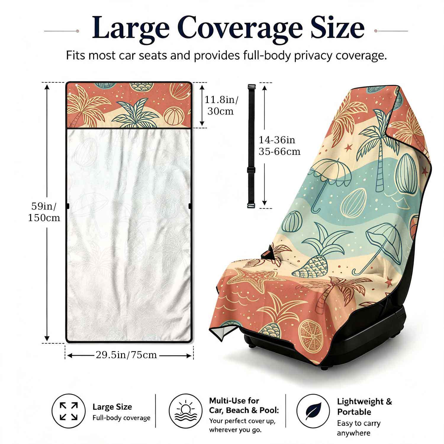 Printed bath towel and car seat cover 2-in-1, ultra-fine fiber outdoor beach and car dual-use universal seat cushion