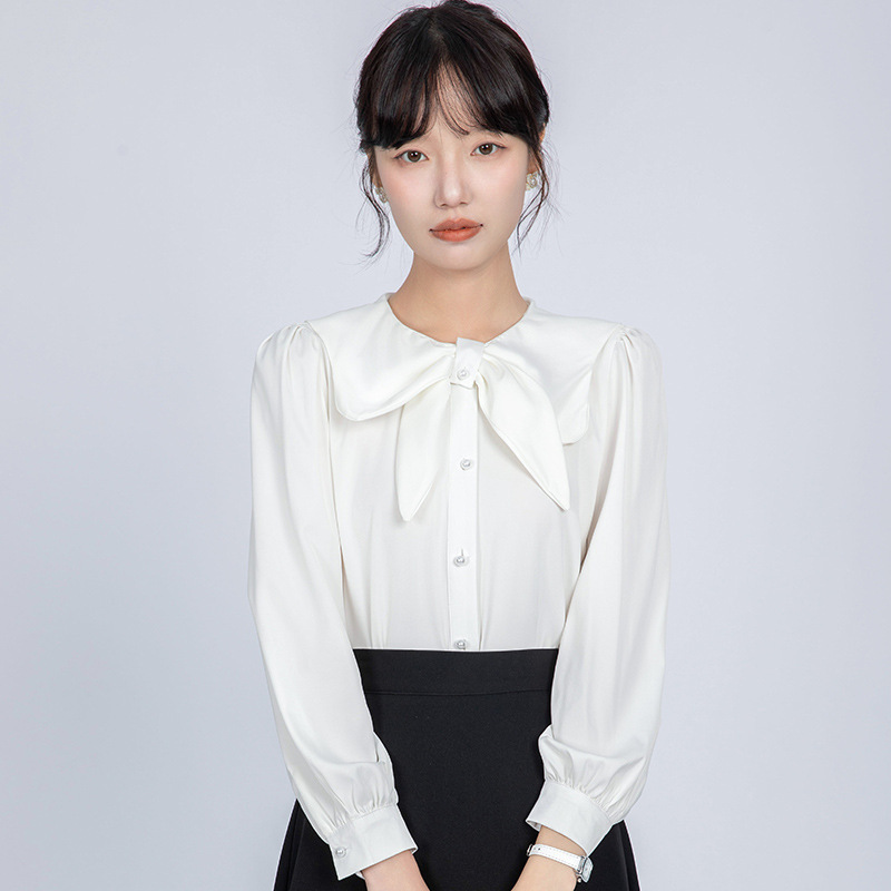 实拍娃娃领蝴蝶结缎面白色衬衫女年秋季新款通勤职业内搭上衣|undefined